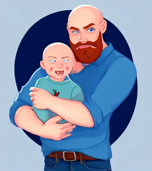 Image similar to a father with short red hair, a short red beard and blue eyes and a chubby face hold his infant baby boy with bald brown hair full color digital illustration in the style of don bluth, artgerm, artstation trending, 4 k