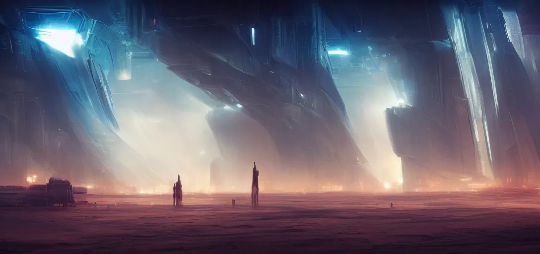 Prompt: view from the desert ground fire night stars of futuristic mechanical blade runner cyberpunk architecture, light rays, symmetry, cinematic lighting, ultra detailed, sharp, ambient occlusion, bloom, raytracing, by greg rutowski, paul chadeisson and jessica rossier