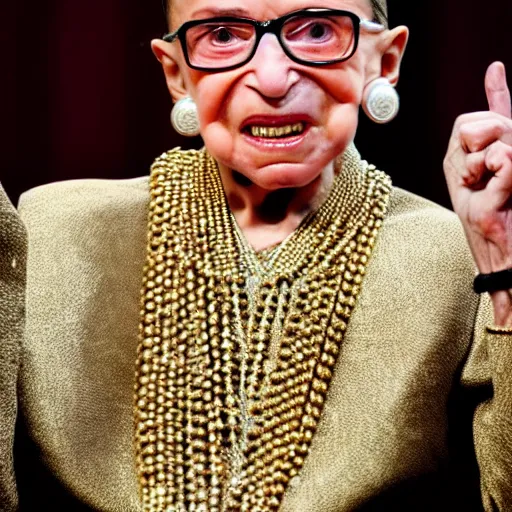 Prompt: Ruth Bader Ginsburg as a gangsta rapper wearing gold chains and grinning to show off her grills