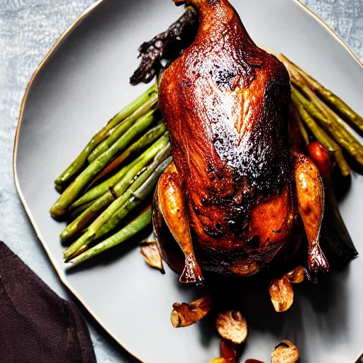 Prompt: photo of a delicious roasted duck, food photography