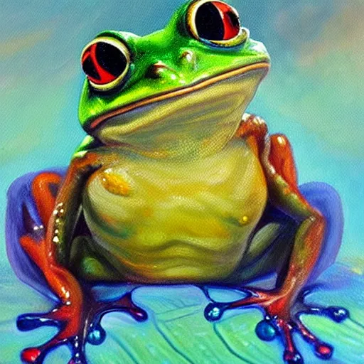 Image similar to beautiful oil painting painting of a frog wearing a crown in swamp