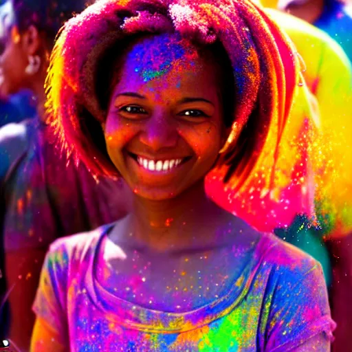 Prompt: portrait of a smiling black girl with short hair at the holi festival, By makoto shinkai, by leiji Matsumoto, by Julie Bell