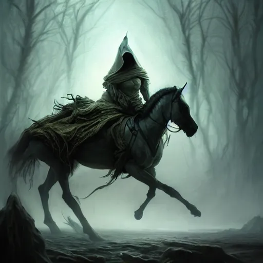 Image similar to concept art by artgerm, pestilence of the four horsemen of the apocalypse, soft green natural light, intricate, hooded death riding a horse, highly detailed dark art, digital painting, artstation, concept art, smooth, sharp focus, illustration, art by greg rutkowski and luis rollo and uang guangjian and gil elvgren, symmetry!