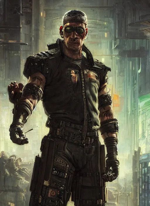 Image similar to frankenstein. cyberpunk mercenary wearing a military vest and combat jumpsuit. (Cyberpunk 2077, bladerunner 2049). Iranian orientalist portrait by john william waterhouse and Edwin Longsden Long and Theodore Ralli and Nasreddine Dinet, oil on canvas. Cinematic, hyper realism, realistic proportions, dramatic lighting, high detail 4k