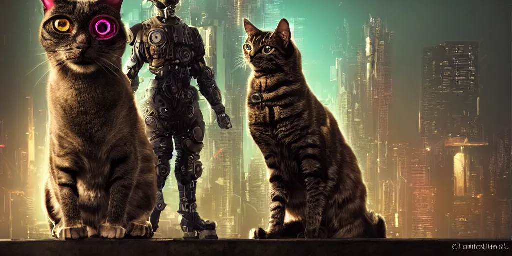 Image similar to cyberpunk cat and normal cat, brothers, fallout 5, studio lighting, deep colors, apocalyptic setting