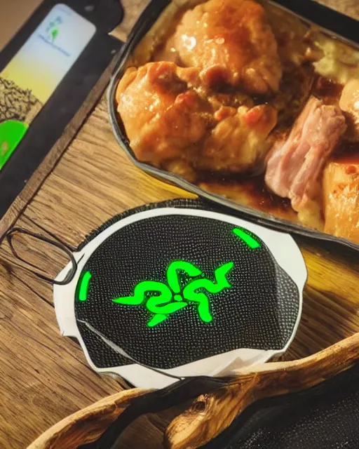 Image similar to gamer porkchops and mashed potatos on the new razer gaming LED plate, HD, trending on artstation, instagram post, LED