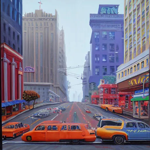 Image similar to Market Street, San Francisco; oil on canvas by Klaus Bürgle and Imperial Boy and Simon Stålenhag; Redwood covered natural city future dream world-H 740