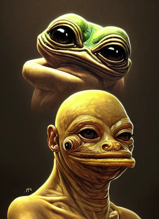 Image similar to 4 chan pepe, ancient egyptian god kek, sad, portrait, intricate, elegant, highly detailed, digital painting, artstation, concept art, wallpaper, smooth, sharp focus, illustration, art by h. r. giger and artgerm and greg rutkowski and alphonse mucha