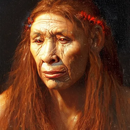 Prompt: portrait of a neanderthal woman ( 3 5 ) from spain, 5 0, 0 0 0 bce, an oil painting by ross tran and thomas kincade