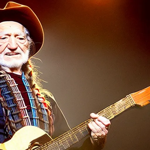 Image similar to willie nelson on stage, four fingers holding guitar. god rays through fog.