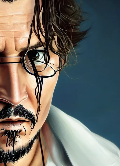 Image similar to portait of Johnny Depp, sharp focus, illustation, stunning lighting, realistic character concept, light atmosphere, golden ration, cinematic lighting, high resolution, insanely detailed and intricate, art by (Hayao Miyazaki and Matt Groening), 8k