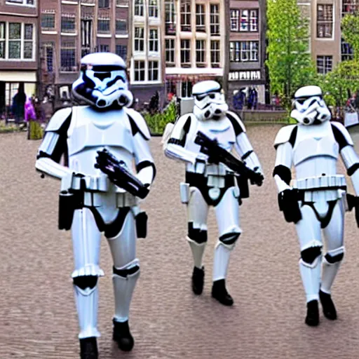 Image similar to a low - detailed picture of stormtroopers walking in amsterdam, digital art