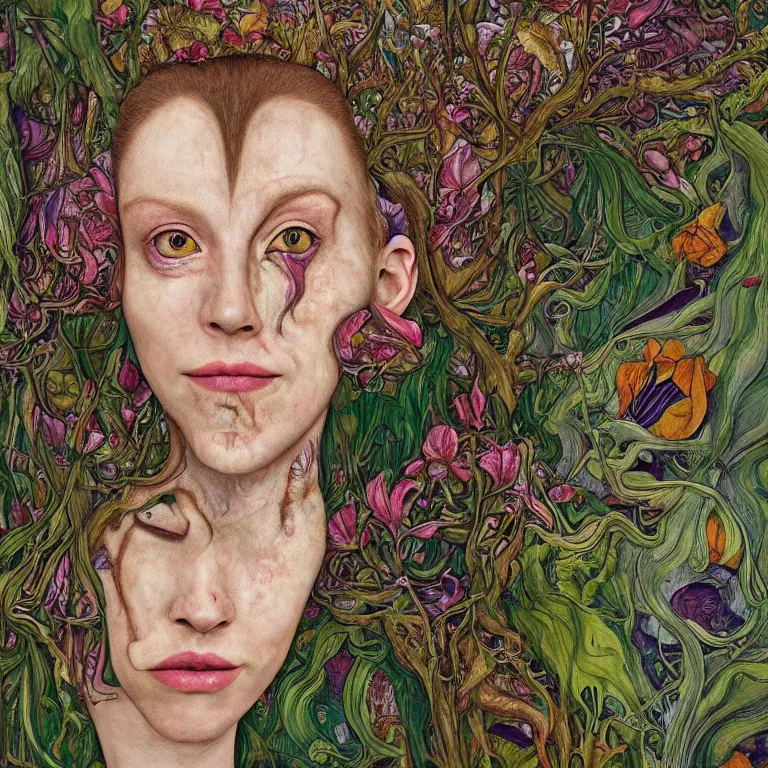 Image similar to a grinning shape shifting girl, plant patterns, her face looks like an orchid, she is the center of the garden, jan van eyck, ernst fuchs, egon schiele, trending on artstation, 8 k, award winning, facial symmetry, iris van herpen, high octane, psychedelic, werewolf, mermaid, harpy, dryad, cybernetic