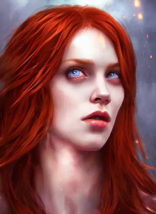 Image similar to Beautiful redhead girl which chest wrapped in bandages, portrait, fantasy, medieval, vivid colors, fantasy, elegant, concept art, sharp focus, beautiful face, digital art, Hyper-realistic, 4K, Unreal Engine, Highly Detailed, HD, Dramatic Lighting by Brom, trending on Artstation