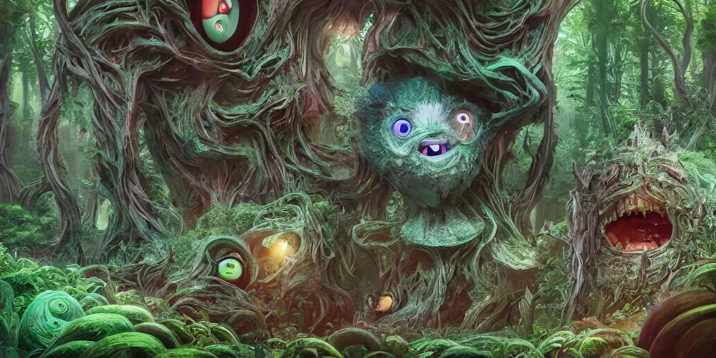 Image similar to of an intricate forest with strange cute friendly happy creatures with huge eyes, mouth, long tongue, round teeth and goofy face, appearing from the background, in the style of gehry and gaudi, macro lens, shallow depth of field, ultra detailed, digital painting, trending artstation, concept art, illustration, cinematic lighting, photorealism, epic, octane render