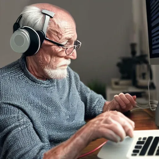 Image similar to A colored colorized real screenshot of Jerma985 as an elderly guy streaming on his computer while wearing headphones, taken in the early 2020s, taken on a 2010s Camera, realistic, hyperrealistic, very realistic, very very realistic, highly detailed, very detailed, extremely detailed, detailed, digital art, trending on artstation, headshot and bodyshot, detailed face, very detailed face, very detailed face, real, real world, in real life, realism, HD Quality, 8k resolution, intricate details, colorized photograph, colorized photon, body and headshot, body and head in view