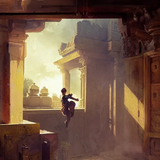 Prompt: indiana jones stealing a catalytic convertor, that is on a trapped pedastal, from inside a temple, painted by greg rutkowski