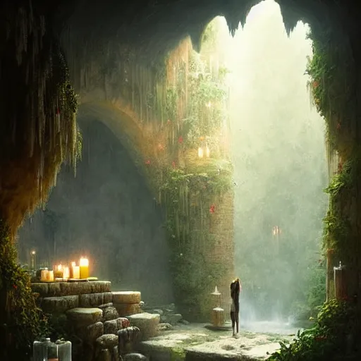 Image similar to cozy bathhouse hidden in a cave, candlelight, towels, cushions, natural light, lush plants and flowers, elegant, intricate, fantasy, atmospheric lighting, by Greg rutkowski