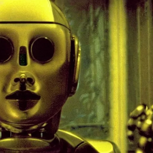 Prompt: a man reflect on robot face, movie still, By Andrzej Zulawski