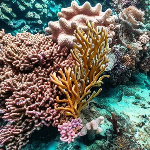 Prompt: underwater photography of a coral reef, silver metal wire sculpture