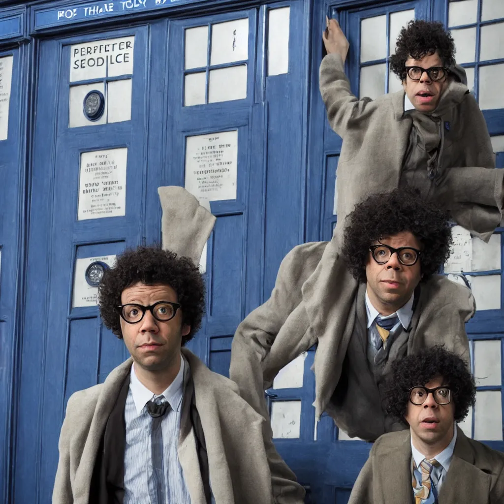 Prompt: Richard Ayoade as the Doctor, in front of the TARDIS