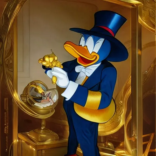 Image similar to Donald Duck meets Scrooge McDuck inside a room filled with gold pieces. Donald Duck wears a sailor suit and Scrooge McDuck wears a redingote and a top hat. Elegant, intricate, digital painting, artstation, concept art, smooth, sharp focus, illustration, art by artgerm and greg rutkowski and alphonse mucha