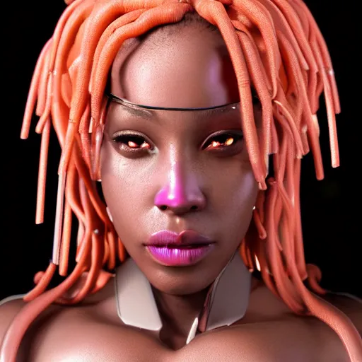 Image similar to portrait of a beautiful caribbean woman with pink hair as a cyberpunk cyborg half robot, revealing wires and electronics, circuit boards, wire management, sci - fi, missing panels, intricate abstract upper body intricate artwork, concept art, octane render, deviantart, cinematic, key art, hyperrealism, iridescent accents, portrait photograph, nikon 3 5 mm, photograph by greg rutkowski