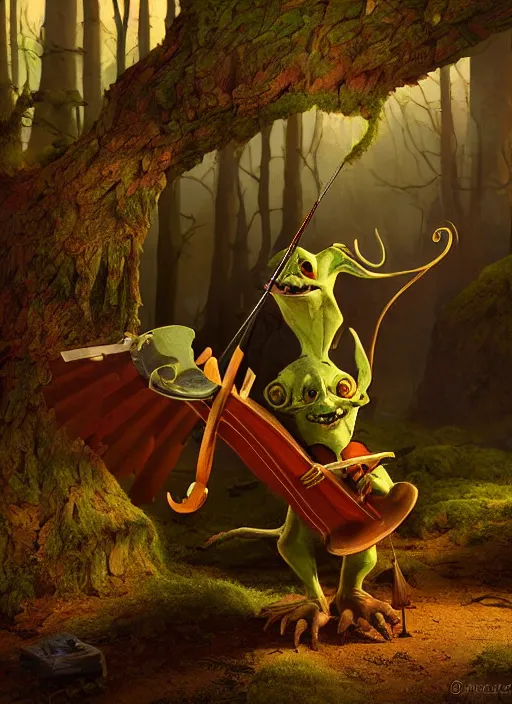 Image similar to a cute sharply dressed goblin playing a lute, in the style of boris valejo and patrick woodroffe, fantastic, dramatic lighting, forest, hyperrealistic, detailed, octane render