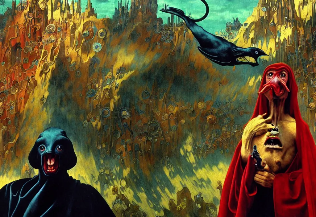 Image similar to realistic detailed portrait movie shot of a screaming birdman wearing black robes, sci fi city landscape background by denis villeneuve, amano, yves tanguy, alphonse mucha, ernst haeckel, max ernst, roger dean, hieronymus bosch, masterpiece, rich moody colours, dog teeth, blue eyes