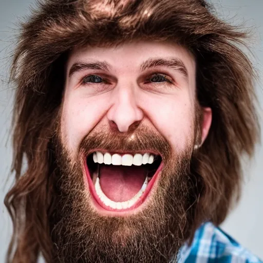 Prompt: young white man, with straight long hair and very full beard, dying laughing with very big mouth and many many teeth
