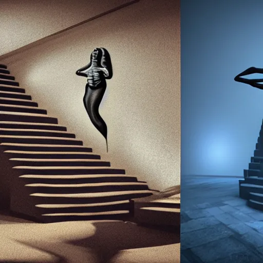 Image similar to a woman made of stairs, salvador dali, surreal, uncanny, high contrast, unreal engine