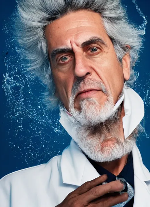 Prompt: portrait of Rick Sanchez wearing a lab coat by Mario Testino, headshot, detailed, award winning, Sony a7R