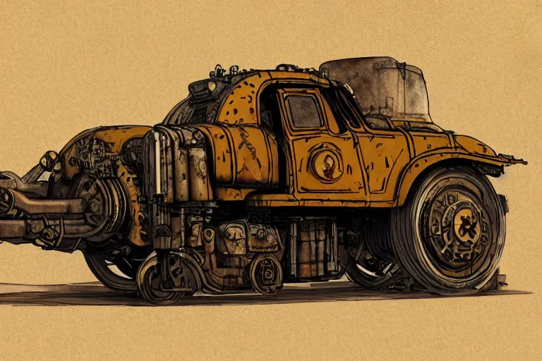 Image similar to hellfire thomas the tank, mad max, in the style of hannes bok and doug chiang and vernon grant, trending on artstation, back lighting rear view steampunk, blueprint, muted colors, gothic, tachisme