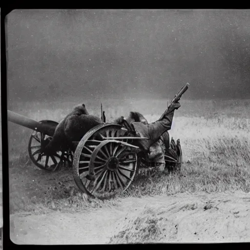 Image similar to a picture of a enormous bear pulling a towed artillery gun behind his back like a carriage, eastern front, historical picture