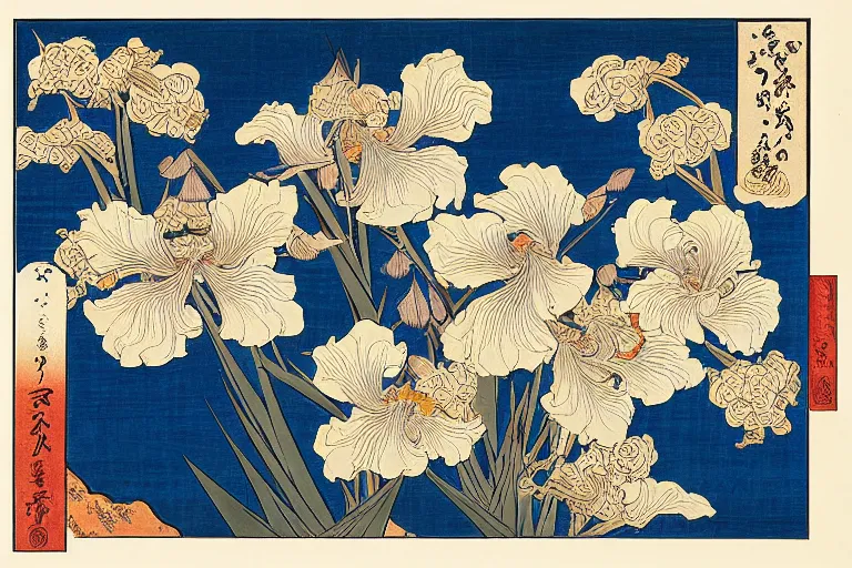 Prompt: a beautiful and hyperdetailed ukiyo - e drawing of tangled irises and flowers by katsushika hokusai, in style by utagawa kuniyoshi and utagawa hiroshige, japanese print art, intricate, elegant, complex, 4 k