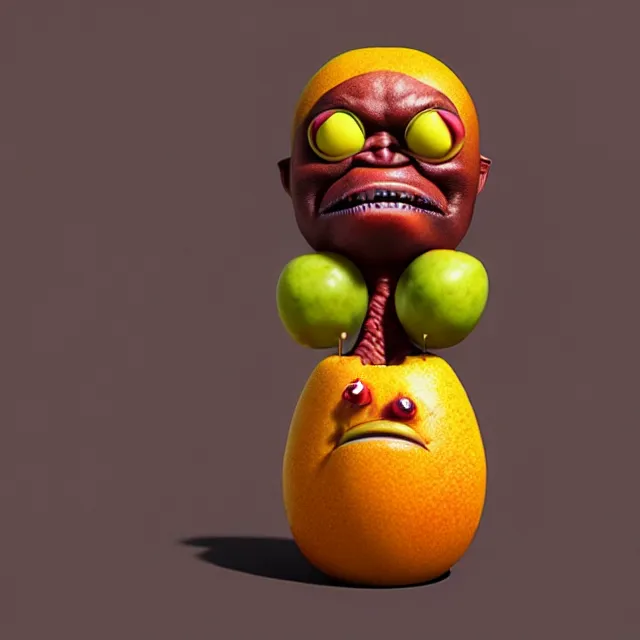 Prompt: bizarre cartoon fruit figurine that looks just like samuel l jackson as a fruit, by naoto hattori 8 k, fruit eyes, fruit world, beautiful intricate painting, hyper realistic, octane render