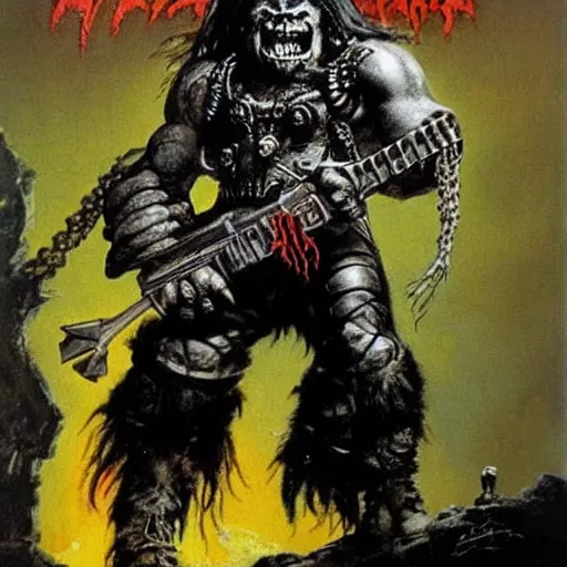 Image similar to Heavy metal Ork, Orkboy, Ork, 80s metal, mohawk, shaggy hair, New Wave of British Heavy Metal, Frank Frazetta, pulp art, illustration