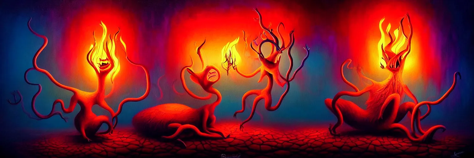 Image similar to whimsical creature freaks from the depths of the collective unconsciouis, dramatic lighting from fire glow, surreal darkly colorful painting by ronny khalil