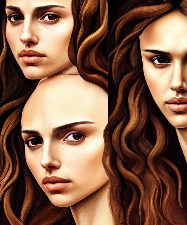 Image similar to half Nathalie portman half jessica alba portrait by Sandro Botticelli, sci-fi, amber eyes, beautiful face, appealing long hair, fantasy, intricate, elegant, highly detailed, digital painting, artstation, concept art, smooth, sharp focus, oil painted illustration by Sandro Botticelli