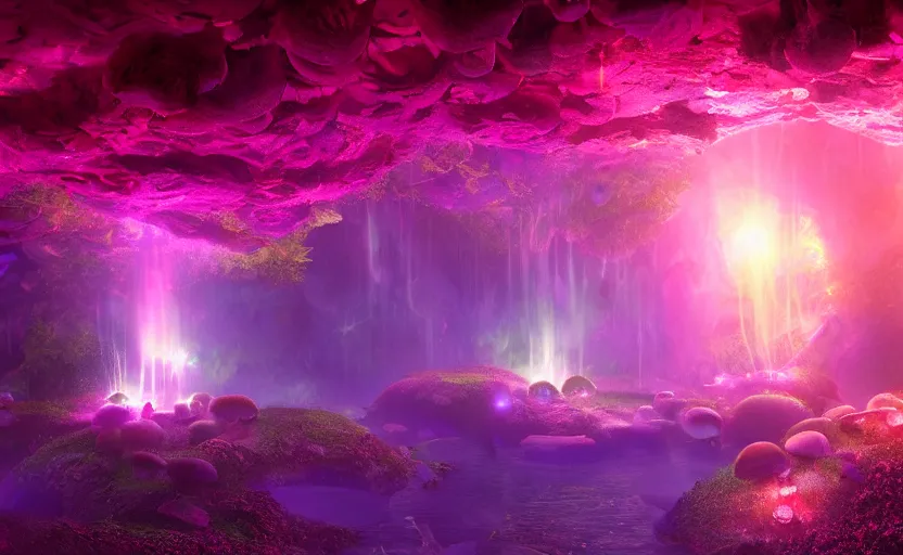 Image similar to a beautiful and stunning professional digital artwork of a glowing mushroom cave, haze, spores floating in the air, ruby geodes, waterfall, volumetric lighting, hyperrealistic, rtx on, ultra detail
