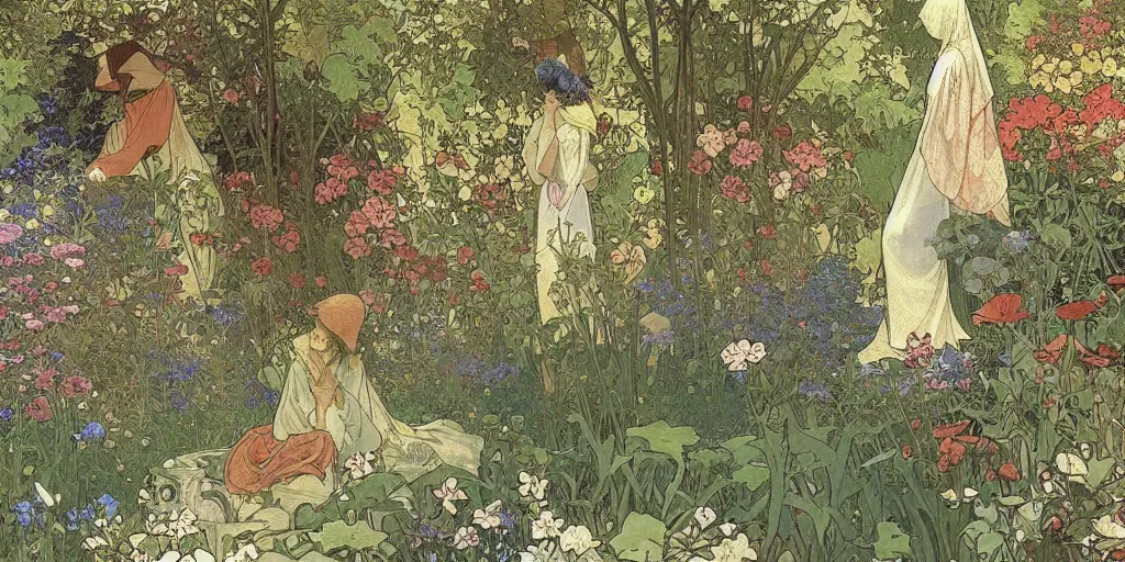 Prompt: a painting of a beautiful garden, isometric view, painted by alphonse mucha and hieronymus bosch and hasui kawase, dramatic lighting, vivid colours.