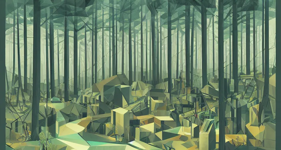 Image similar to geometric art, detailed matte illustration, geometric art by robert h hudson, detailed illustration of large factory in a beautiful forest and undergrowth