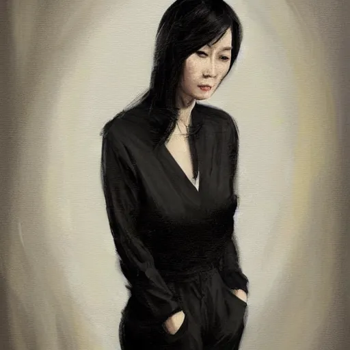 Prompt: Portrait of a woman by Greg Rutkowski, she is about 50 years old, japanese, black straight hair, attractive, elegant, airs of superiority, she is wearing black and white utilitarian jumpsuit, highly detailed portrait, digital painting, artstation, concept art, smooth, sharp foccus ilustration, Artstation HQ.