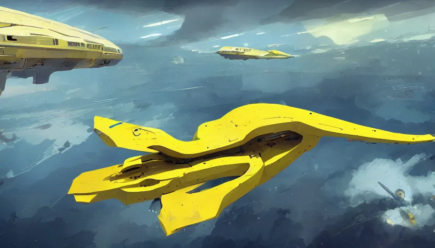 Image similar to a painting of a futuristic yellow submarine plane flying through the sky, concept art by Ian McQue, cgsociety, retrofuturism, artstation hq, concept art, sci-fi, wide angle