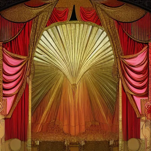 Image similar to flowing theatre red curtains, centered radial design, gold art nouveau graphic elements, painting by mucha, beautiful lighting