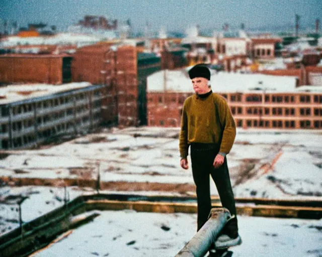 Image similar to lomo photo of man standing on the roof of soviet hrushevka, small town, cinestill, bokeh, out of focus