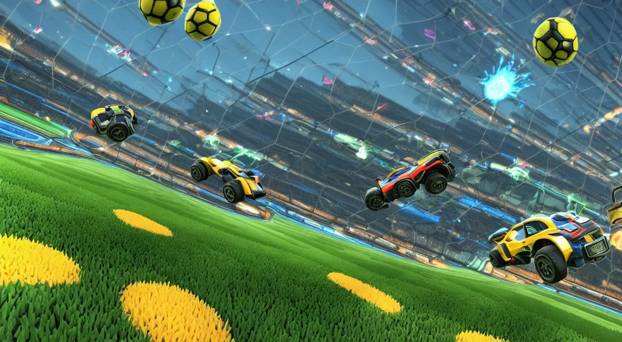 Image similar to a game of rocket league where the main characters from gta v are wandering across the field