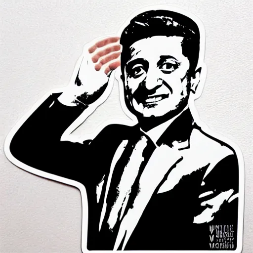 Prompt: volodymyr zelenskyy, president of ukraine. face like in his photographs. intricate sticker design by andy warhol