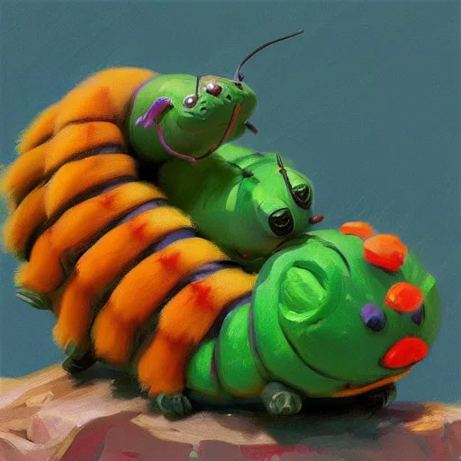 Image similar to the more adorable caterpillar. fat chubby cute caterpillar, very colorful, fuzzy, trending on artstation, art by greg manchess, guangjian, detailed digital art, artstation hd