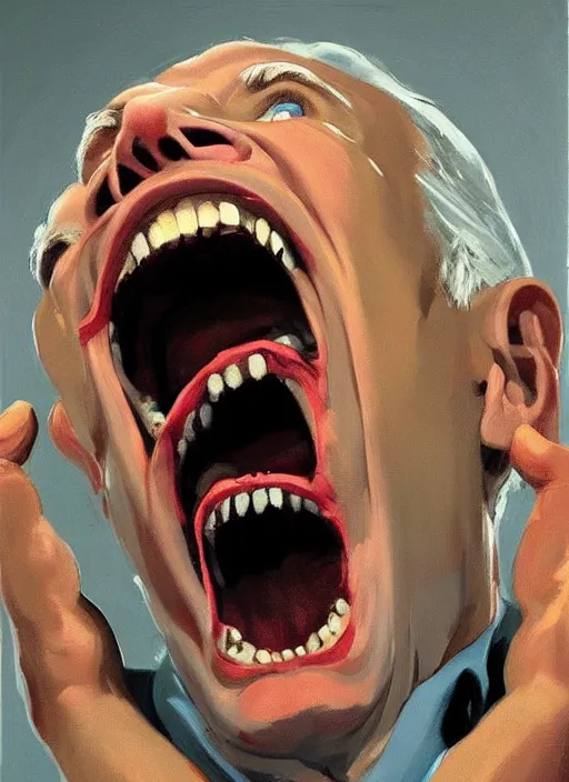 Prompt: joe biden mouth open, teeth and uvula!!!!!!!!! showing, drool, laugh fear!!!!!! scary, painting by phil hale, fransico goya,'action lines '!!!, graphic style, visible brushstrokes, motion blur, blurry, visible paint texture, crisp hd image